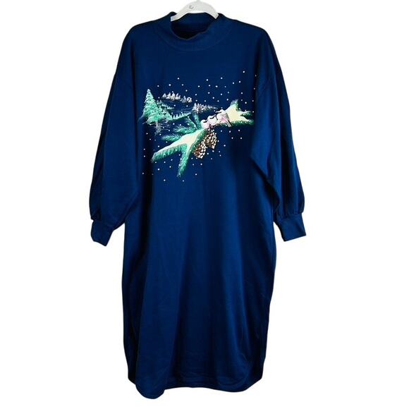 New Kittens Sz Large Nightgown Winter Birds Long Sleeve Blue Warm Vintage NWT - Picture 1 of 10